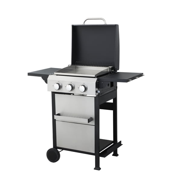3-Burner Propane Gas BBQ Grill, SS Plancha, 36900BTU Output With Wire Enamel Cooking Grids For Outdoor Barbecue, Foldable Side Table, Hanging Basket, Stainless Steel