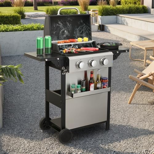 3-Burner Propane Gas BBQ Grill, Stainless Steel Grill with Wheels & Foldable Side Table for Outdoor Barbecue Cooking, 25650 BTU Output Outdoor Cabinet Style BBQ Grills$$Garden &