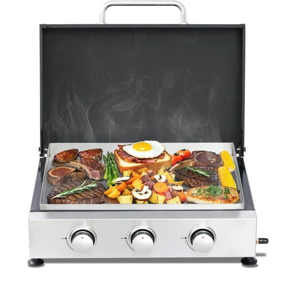 3-Burner Propane Gas BBQ Grill & Stainless Steel Plancha Combo, Portable for Camping & Backyard, with Regulator & Adapter, Cast Iron Grates, Enamel Body