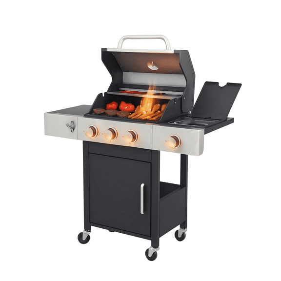 3-Burner Propane Gas BBQ Grill with Side Burner, 37230BTU Output With Enameled Cast Iron Cooking Grids For Outdoor Barbecue, Stainless Steel