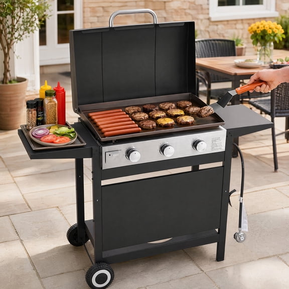 3 Burner Propane Gas Griddle Flat Top Grill 33000 BTU Heavy Duty Outdoor BBQ Grill with Side Shelves Removable Grill Station for Camping Backyard Patio Tailgating Outdoor Cooking