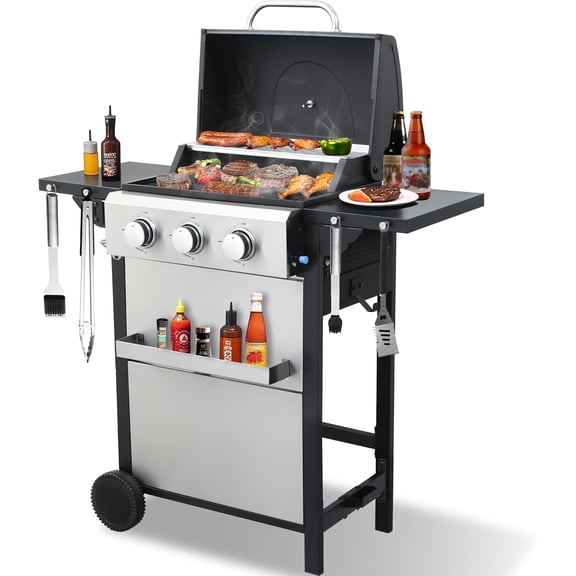 3-Burner Propane Gas Grill with 2 Foldable Side Tables, 25,650 BTU Outdoor BBQ Grill with Porcelain-Enameled Flame Tamers, Built-in Thermometer, Easy Assembly for Patio, Backyard BBQ