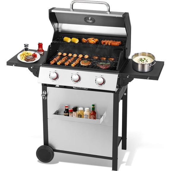 3-Burner Propane Gas Grill with 2 Folding Sides, BBQ Grill with Wheels, Double-layer Stainless Steel Lid & Cast Iron Grates 30,000 BTU for Outdoor Backyard Patio