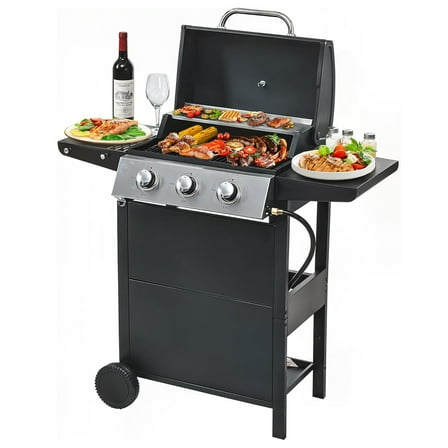 3-Burner Propane Gas Grill, 25650 BTU, Stainless Steel Outdoor BBQ Gill with Wire Enamel Grids, Thermometer for Cookingand Foldable Side Tables