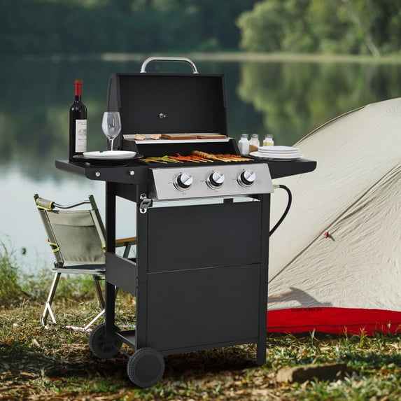 3-Burner Propane Gas Grill with 26,000 BTU Total Output Stainless Steel Patio BBQ Grill with Electronic Ignition Built-in Thermometer & 2 Side Shelves for Backyard Garden Tailgating & Outdoor Cooking