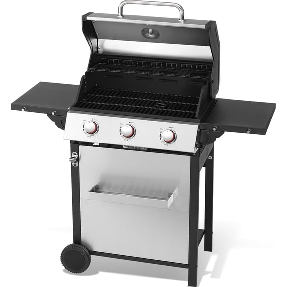 3-Burner Propane Gas Grill, 30,000 BTU Outdoor BBQ Grill with Double-Layer Stainless Lid & Cast Iron Grates, Easy-Clean System for Even Heat, Foldable Side Shelves