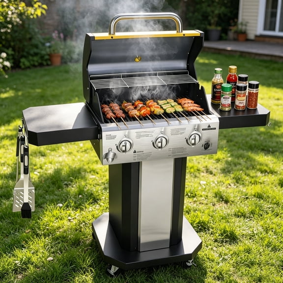 3-Burner Propane Gas Grill with 30000 BTU, Cast Iron Cooking Grates Warming Rack Side Tables Wheels & Tool Hooks, BBQ Grill for Outdoor Backyard Cooking and Patio Parties, Yellow