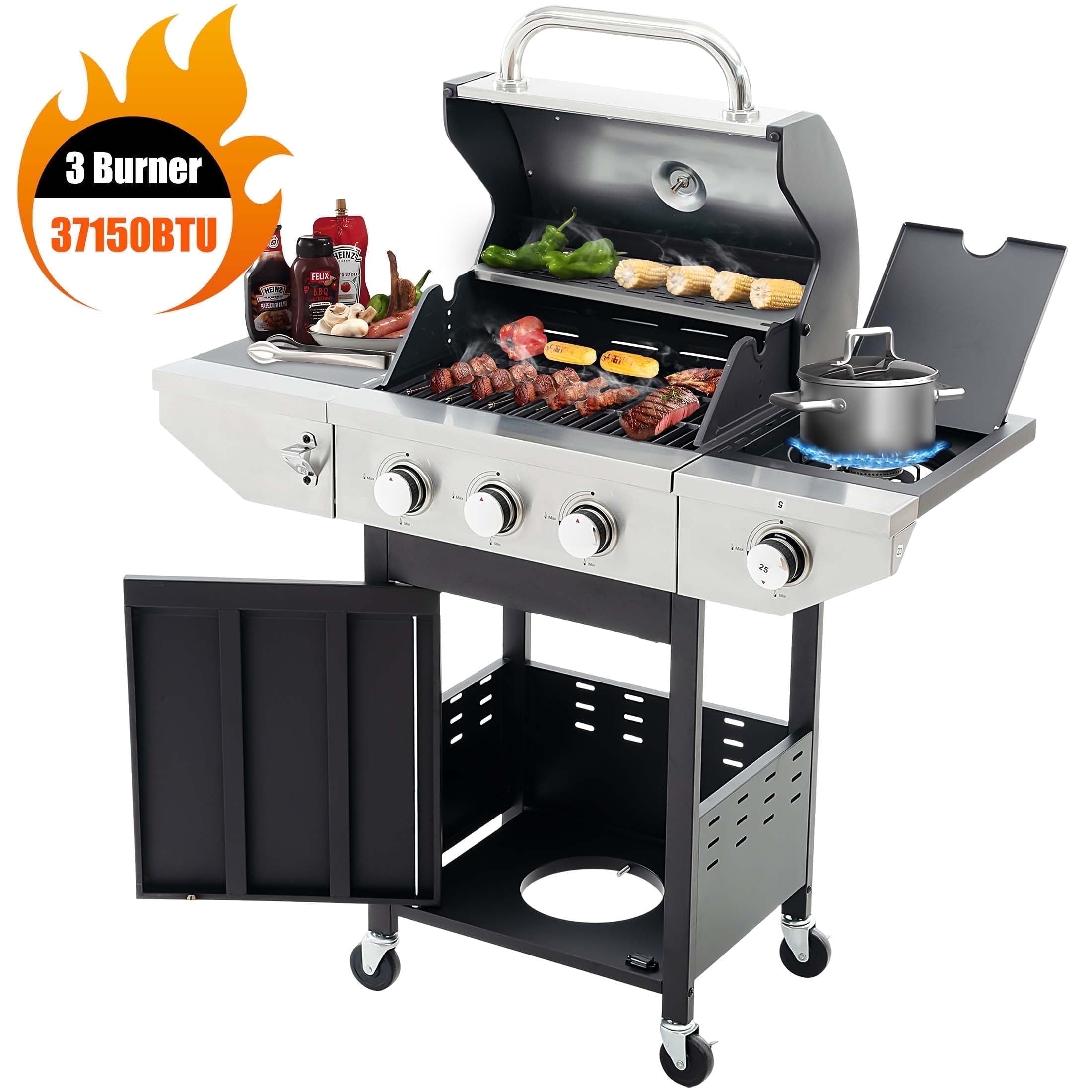 Stainless Steel 3-Burner Propane Gas Grill with Side Burner