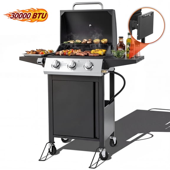 Enyopro 3 Burner Propane Gas Grill, Stainless Steel 30000BTU Barbecue Grill with Two Foldable Shelves, Cleaning Brush, 4 Universal Wheels for Outdoor Cooking, for Patio Backyard and Camping