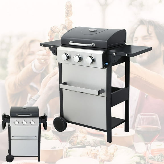 3-Burner Propane Gas Grill for Outdoor Cooking - 25,650 BTU Stainless Steel BBQ with Porcelain-Enameled Cooking Grids, Foldable Side Shelves & Easy Assembly - Backyard Patio Barbecue Grill