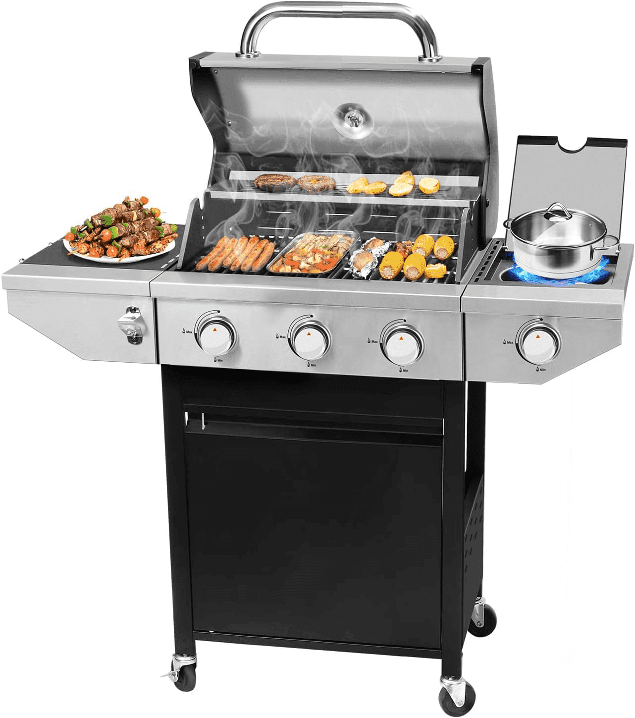 3 Burner Propane Gas Grill with Side Burner, Outdoor 37,150 BTU Stainless Steel Barbecue Grill with Lid, Wheels, Shelves and Thermometer for Camping, Outdoor Cooking