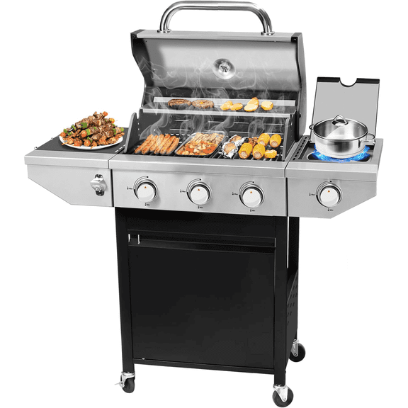 3 Burner Propane Gas Grill with Side Burner, Outdoor 37,150 BTU Stainless Steel Barbecue Grill with Lid, Wheels, Shelves and Thermometer for Camping, Outdoor Cooking
