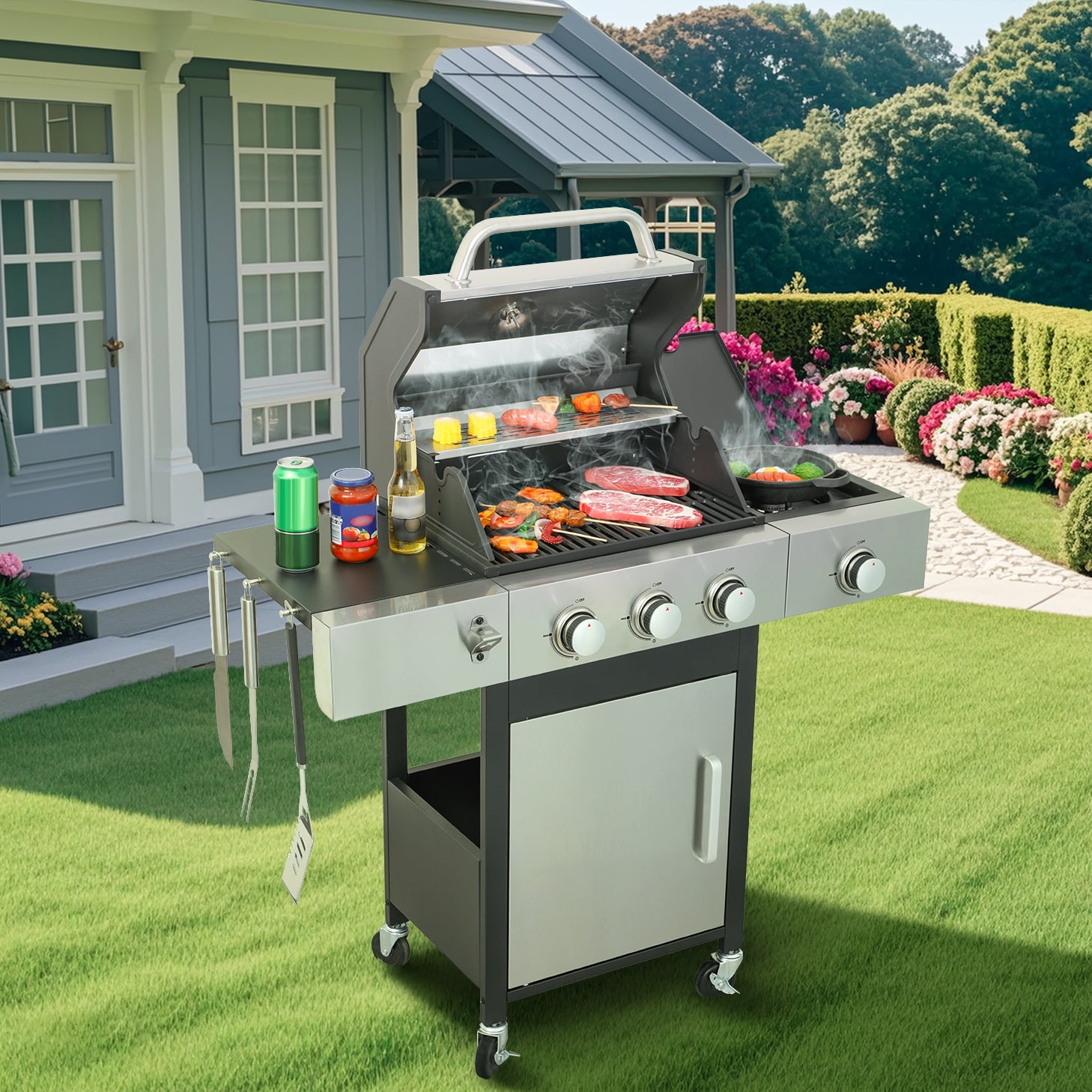 Stainless Steel 3-Burner Propane Gas Grill with Side Burner