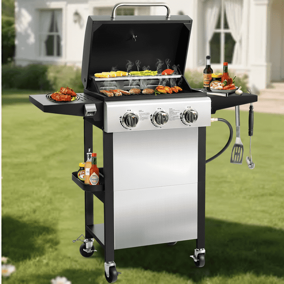 Enyopro 3-Burner Propane Gas Grill, 30000 BTU BBQ Grill with Foldable Side Table, Stainless Steel Warming Rack, Hooks, and Built-In Bottle Opener for Outdoor Barbecue