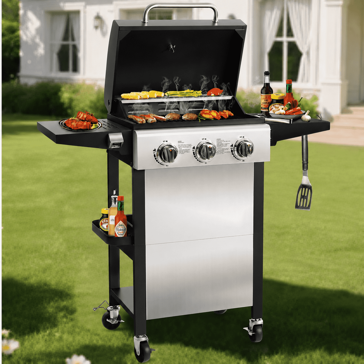 Enyopro 3-Burner Propane Gas Grill, 30000 BTU BBQ Grill with Foldable Side Table, Stainless Steel Warming Rack, Hooks, and Built-In Bottle Opener for Outdoor Barbecue