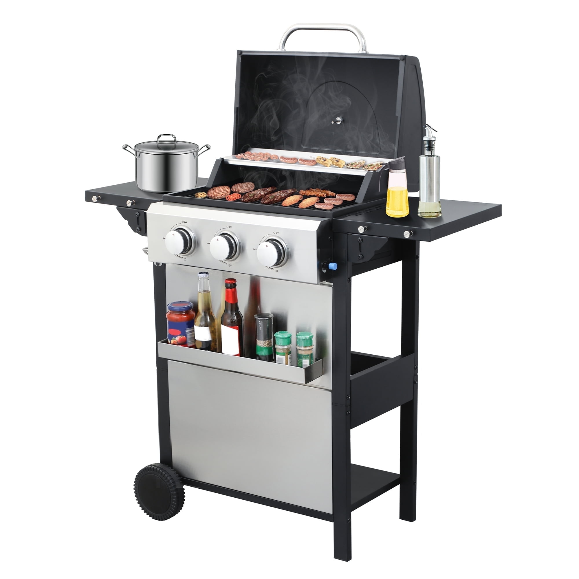 3-Burner Propane Gas Grill With Wheels for 25,650 BTU Outdoor Barbecue BBQ Grill, Stainless Steel Control Panel, Easy Ignition, Temperature Gauge, 2-Enameled Cooking Grids