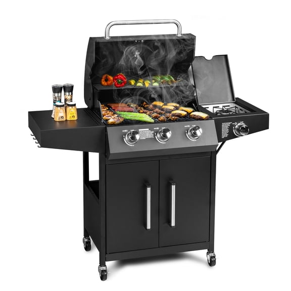 Outdoor 46,000 BTU BBQ Gas Grill 3 Burner Propane with Side Burner, Cabinet