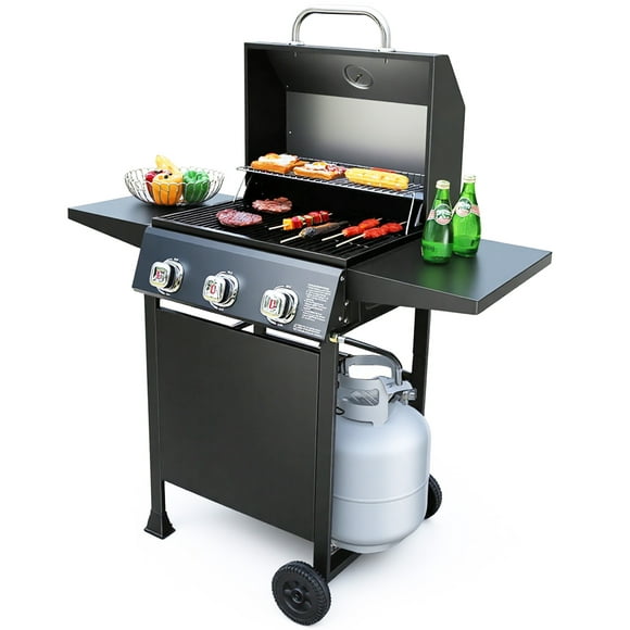 Brand-Man Grills Propane Gas 3 Burner Grill with Side Table for BBQ, Outdoor Cooking Grill with Wheel