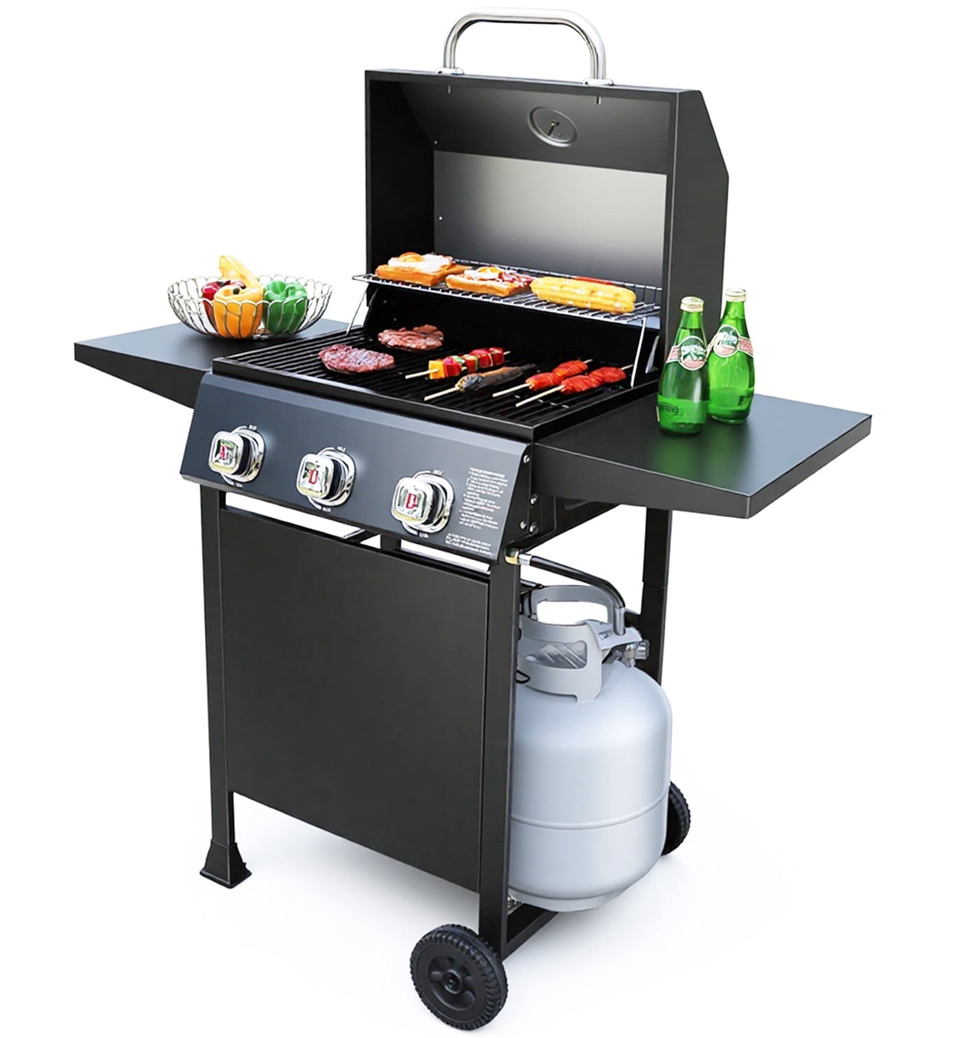 Brand-Man Grills Propane Gas 3 Burner Grill with Side Table for BBQ, Outdoor Cooking Grill with Wheel