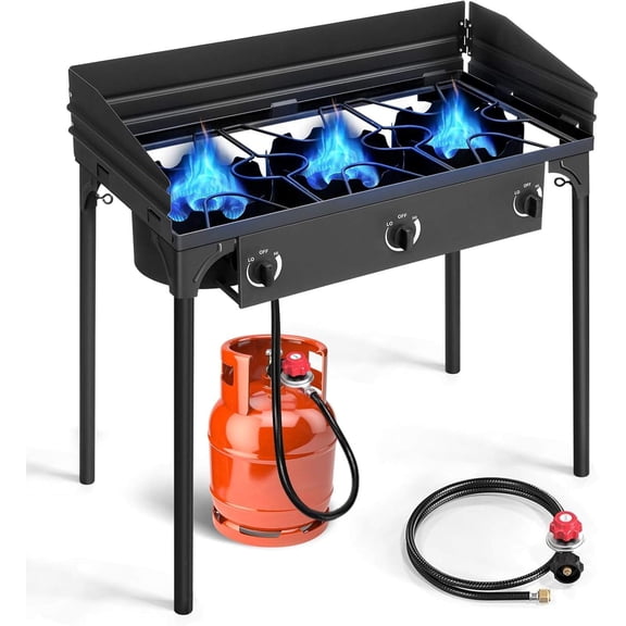 3-Burner Propane Gas Stove for Outdoor Cooking, 225,000 BTU Camping Cooker with Windscreen