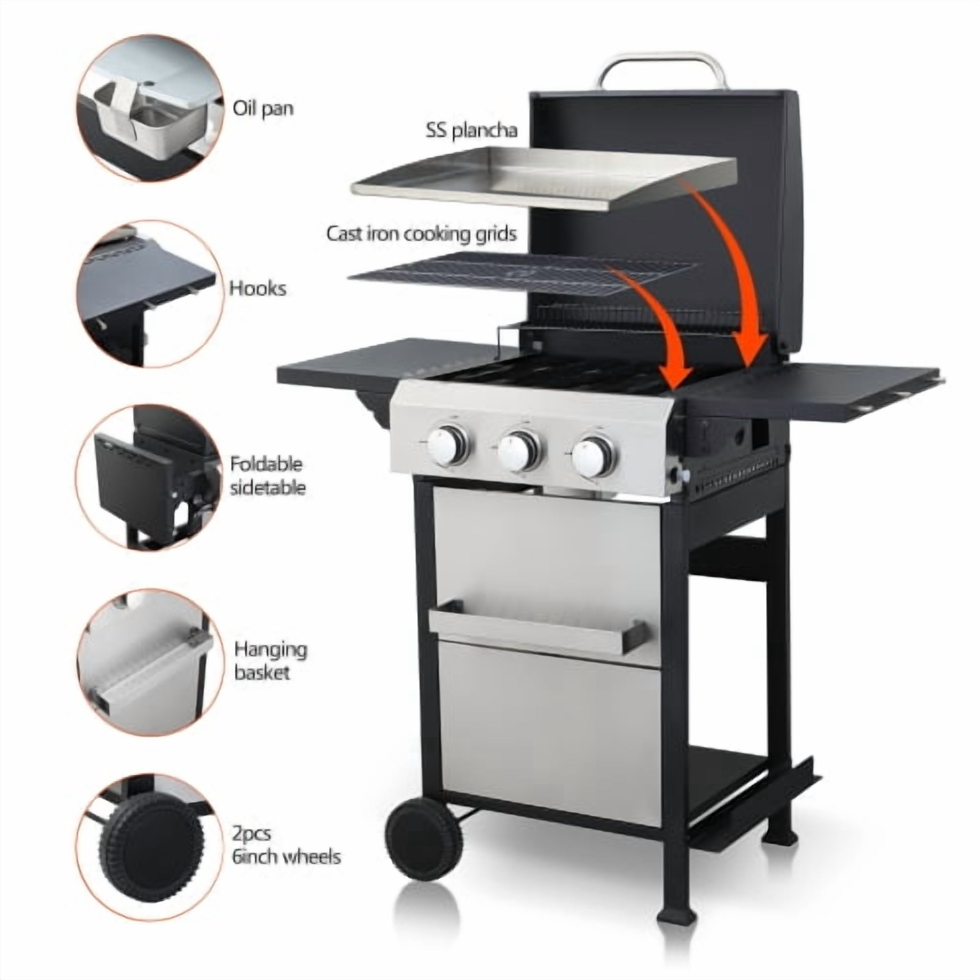 3-Burner Propane Grill with SS Plancha Griddle, 36,900BTU Outdoor BBQ, Enamel Cooking Grids & Foldable Side Table, Hanging Basket, Black+Silver