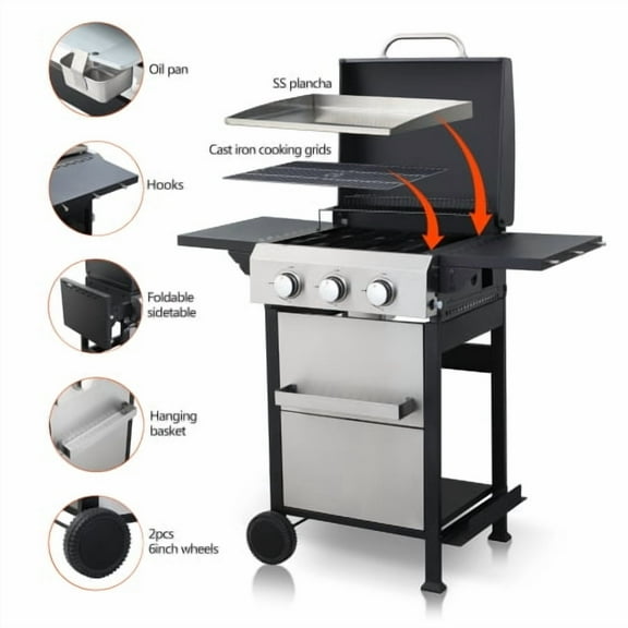 3-Burner Propane Grill with SS Plancha Griddle, 36,900BTU Outdoor BBQ, Enamel Cooking Grids & Foldable Side Table, Hanging Basket, Black+Silver
