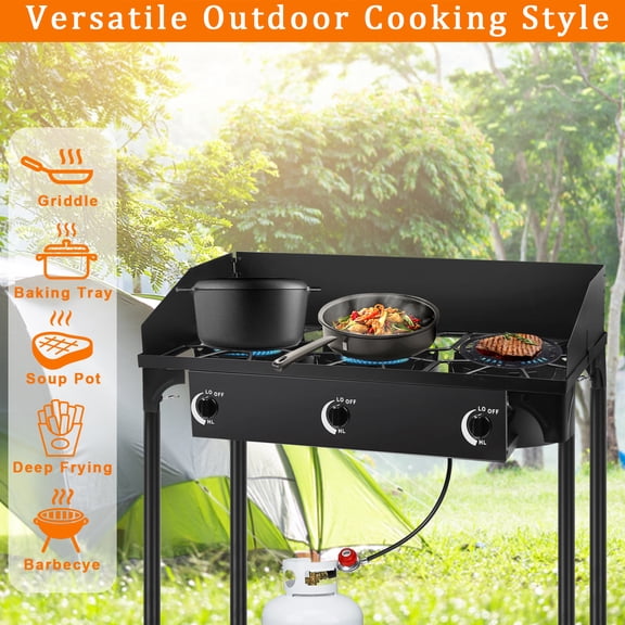 3 Burner Propane Outdoor Stove 225000 BTU Camping Cooker with Adjustable Flame Control High Pressure Regulator Detachable Legs and Wind Guard for Precision Outdoor Cooking