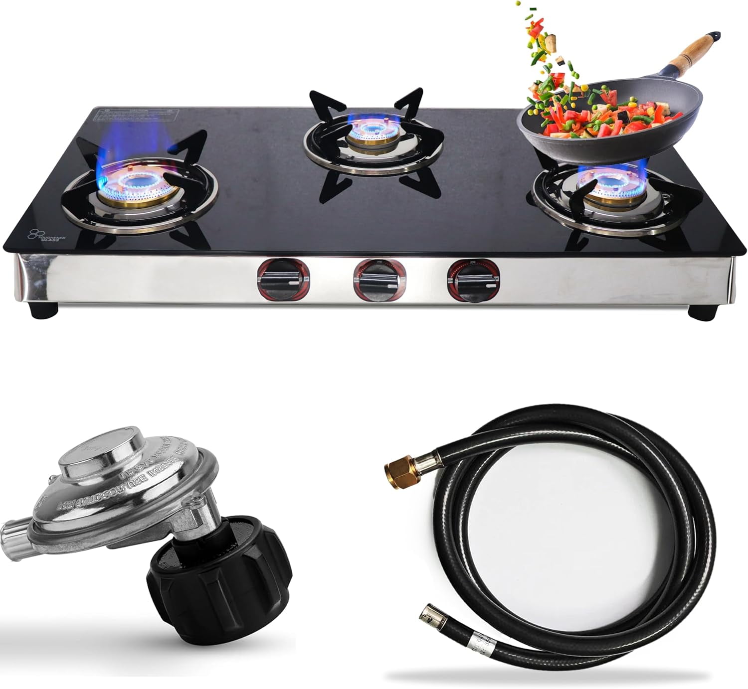 3 Burner Propane Stove 30" Black Tempered Glass Counter Top Stove Gas