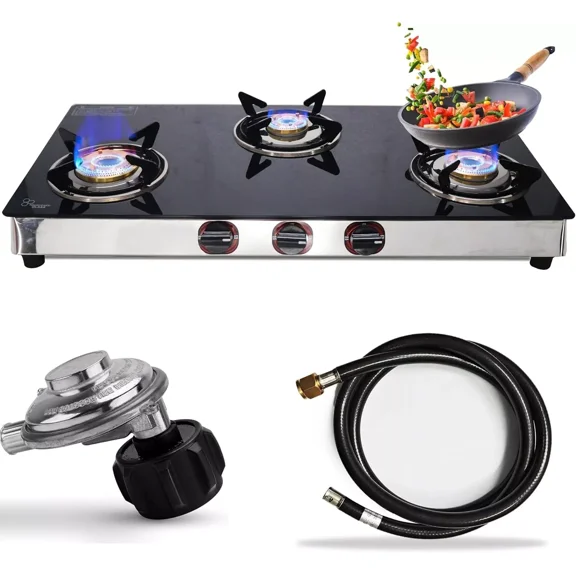 3 Burner Propane Stove - 30" Black Tempered Glass Counter Top Stove Gas Camping Stove with Stainless Steel Base 3 Burner Gas Stove Top for Cooking Range Gas kitchen Stove, with Hose & Regulator