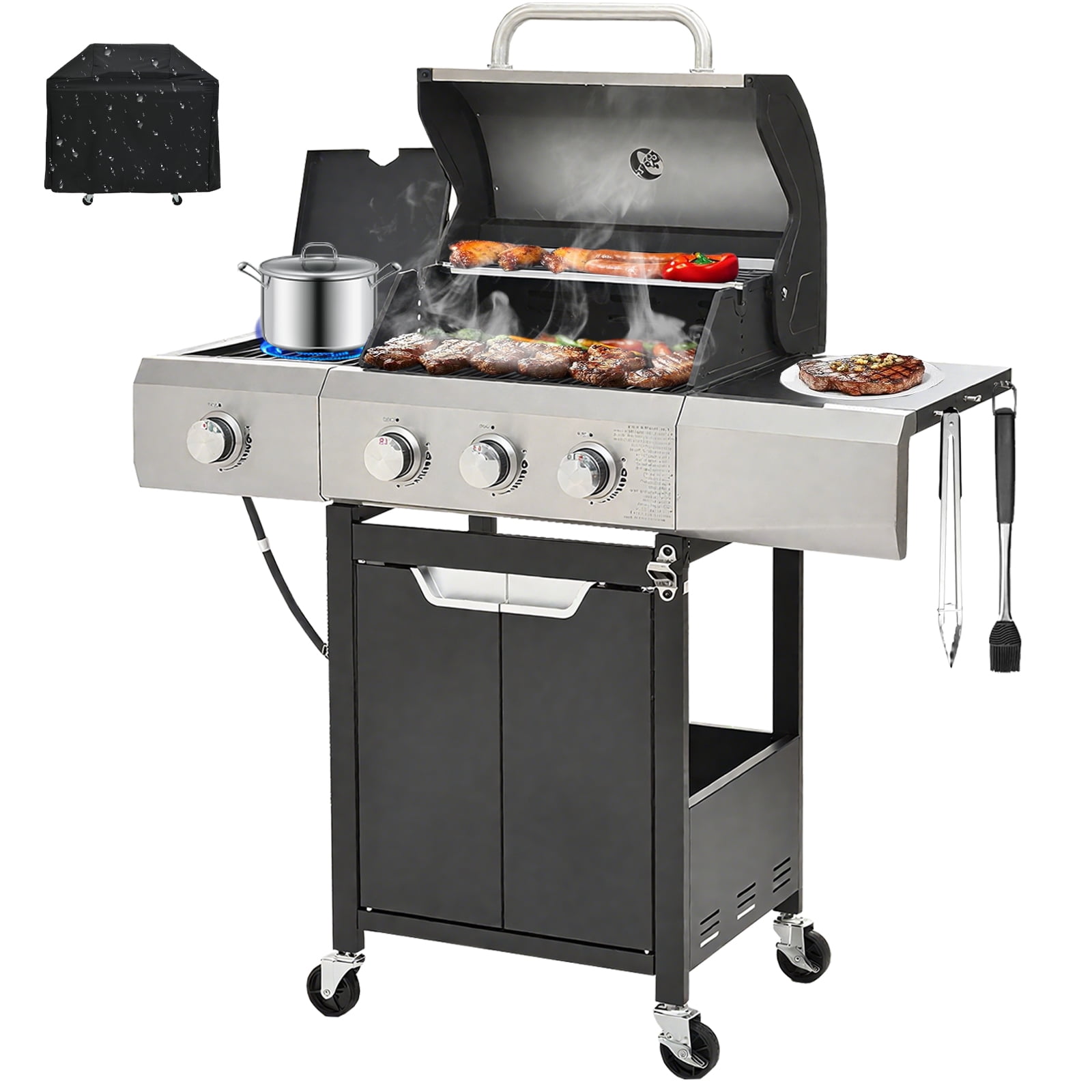 3 Burner Propane gas grill with side burner, Stainless Steel 40,500BTU Barbecue BBQ grills outdoor cooking for Backyard , Cast Iron Grates