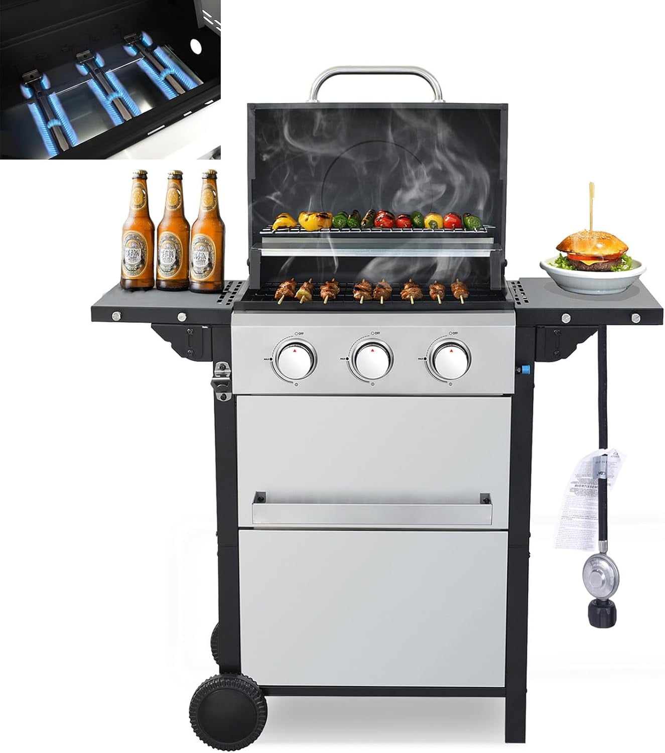 3 Burner Small Propane Gas Grill with Porcelain-Enameled Grates ...