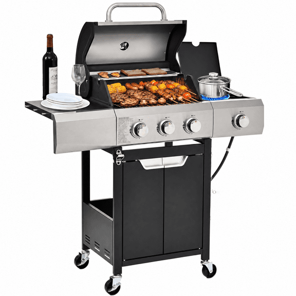 3-Burner Stainless Steel Gas Grill with Side Burner, 376 Sq in Cooking Area, Cast Iron Grates, Storage Rack, Thermometer, Lockable Wheels