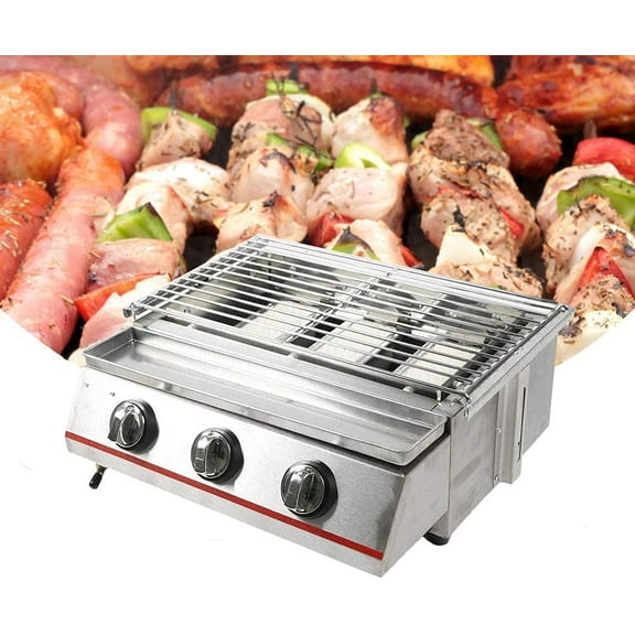 3 Burners Commercial Gas Grill Adjustable Tabletop Smokeless Outdoor Barbecue Cooker Versatile Propane Gas Grill for Outdoor, Indoor, Picnic