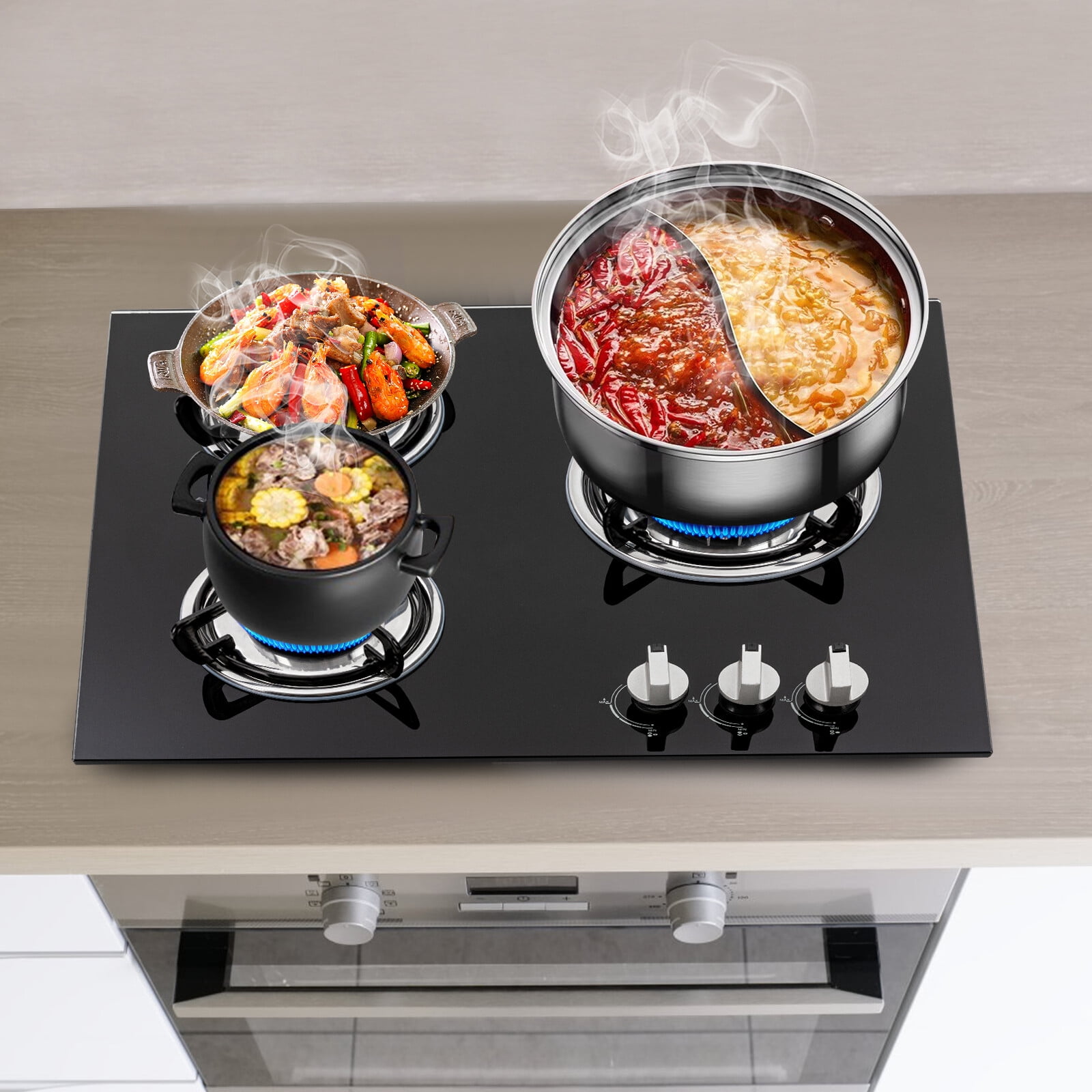 3 Burners High Efficiency Modern Rectangle Built-in Gas Cooktop Black 23.2*20*3.5in for Home Dining