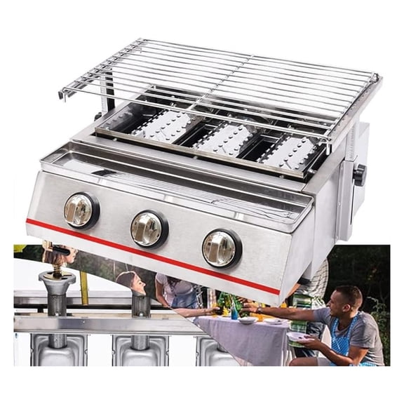 3 Burners Portable LPG Gas Grill, 17.7 Inch Outdoor/Indoor Smokeless Cooking Grill with Griddle Independent Ignition Propane Grill for Outdoor Camping Picnic Kitchen BBQ