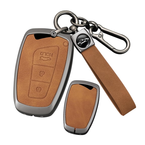 3-Button Car Key Cover Fit for Hyundai Genesis 2013-2016 Key Remote Metal and Leather Key Fob Shell Case for Santa Fe Equus Azera IX45 2014-2017,Solid Key Protector with Keychain