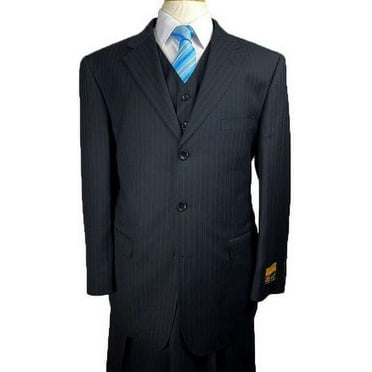 3 Button Fine Wool Black Pinstripe Three Piece Suit Alberto 3BV1P