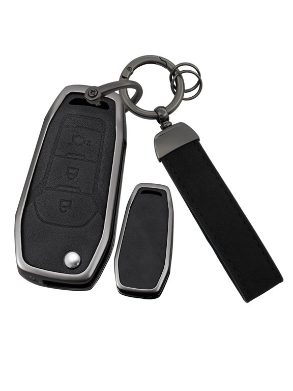 3-Button Flip Folding Car Key Cover Compatible with Ford for F150 for F250 Focus 3 Escort Kuga Everest Fiesta Mustang Edge MKV S-MAX Fusion 2015-2018,Metal and Leather Key Shell