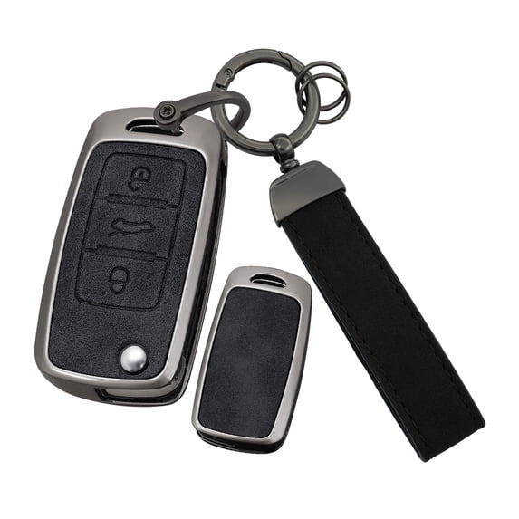 3-Button Key Fob Shell Case Fit for VW Flip Folding Key Remote,Metal and Leather Car Key Cover with Keychain Fit for Volkswagen Jetta Beetle Santana Scirocco Eos Tiguan Touran Polo MK5