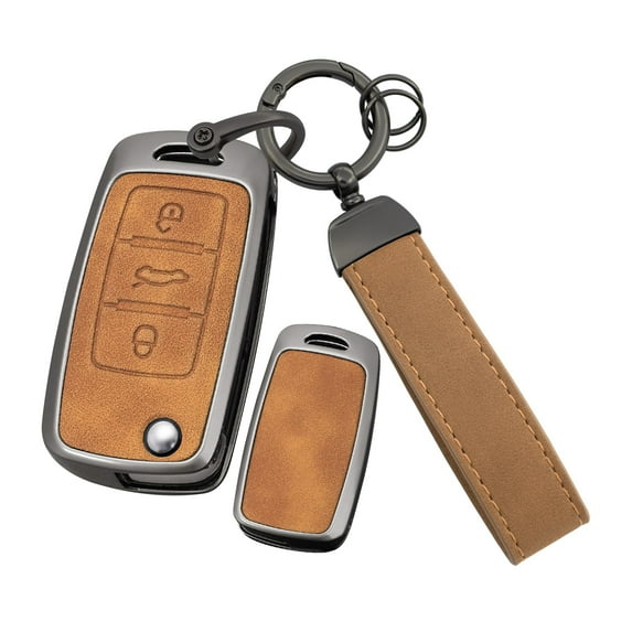 3-Button Key Fob Shell Case Fit for VW Flip Folding Key Remote,Metal and Leather Car Key Cover with Keychain Fit for Volkswagen Jetta Beetle Santana Scirocco Eos Tiguan Touran Polo MK5