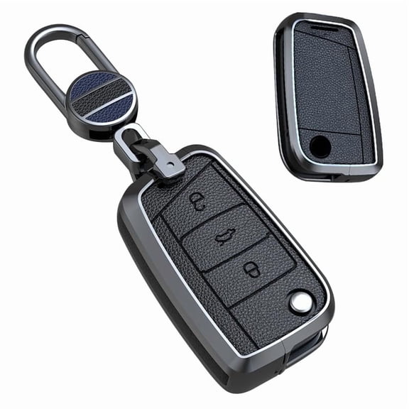 3-Button Leather Metal Key Fob Case Protector for VW Volkswagen Models Golf 7 GTI R MK7 Jetta Passat CC and Skoda Vehicles Polo Leon Toledo Altea Amarok Keychain Cover