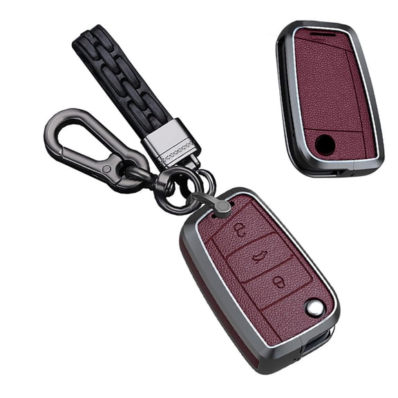 3-Button Leather Metal Key Fob Case Protector for VW Volkswagen Models Golf 7 GTI R MK7 Jetta Passat CC and Skoda Vehicles Polo Leon Toledo Altea Amarok Keychain Cover