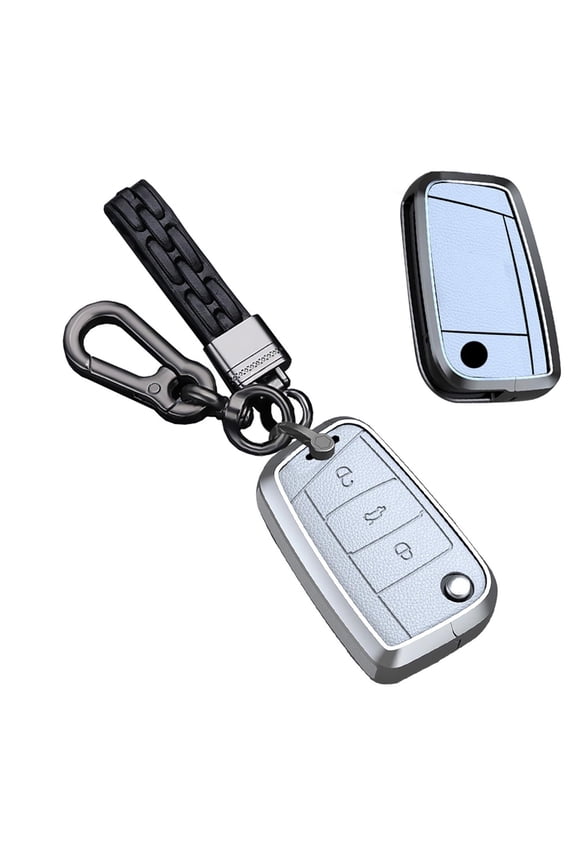 3-Button Leather Metal Key Fob Case Protector for VW Volkswagen Models Golf 7 GTI R MK7 Jetta Passat CC and Skoda Vehicles Polo Leon Toledo Altea Amarok Keychain Cover