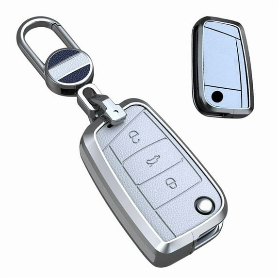 3-Button Leather Metal Key Fob Case Protector for VW Volkswagen Models Golf 7 GTI R MK7 Jetta Passat CC and Skoda Vehicles Polo Leon Toledo Altea Amarok Keychain Cover