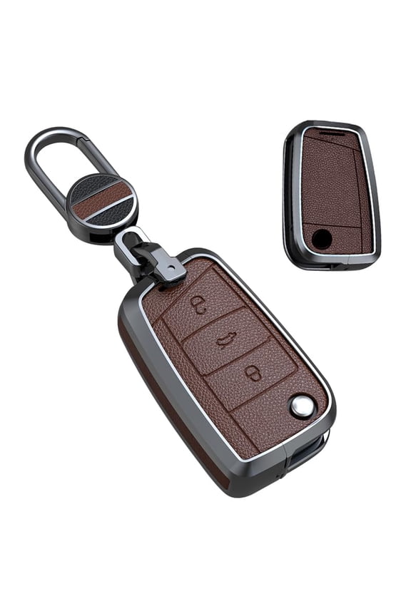 3-Button Leather Metal Key Fob Case Protector for VW Volkswagen Models Golf 7 GTI R MK7 Jetta Passat CC and Skoda Vehicles Polo Leon Toledo Altea Amarok Keychain Cover