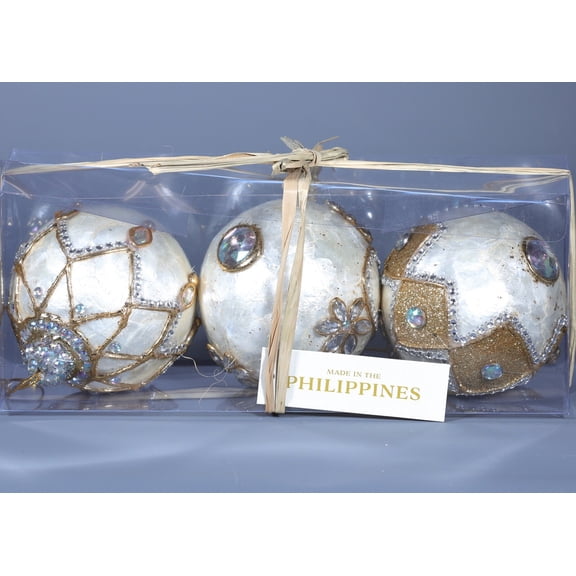 3 CAPIZ SHELL IVORY PEARL Embelished w/Beads & Glitter Balls 4.75" Philippienes