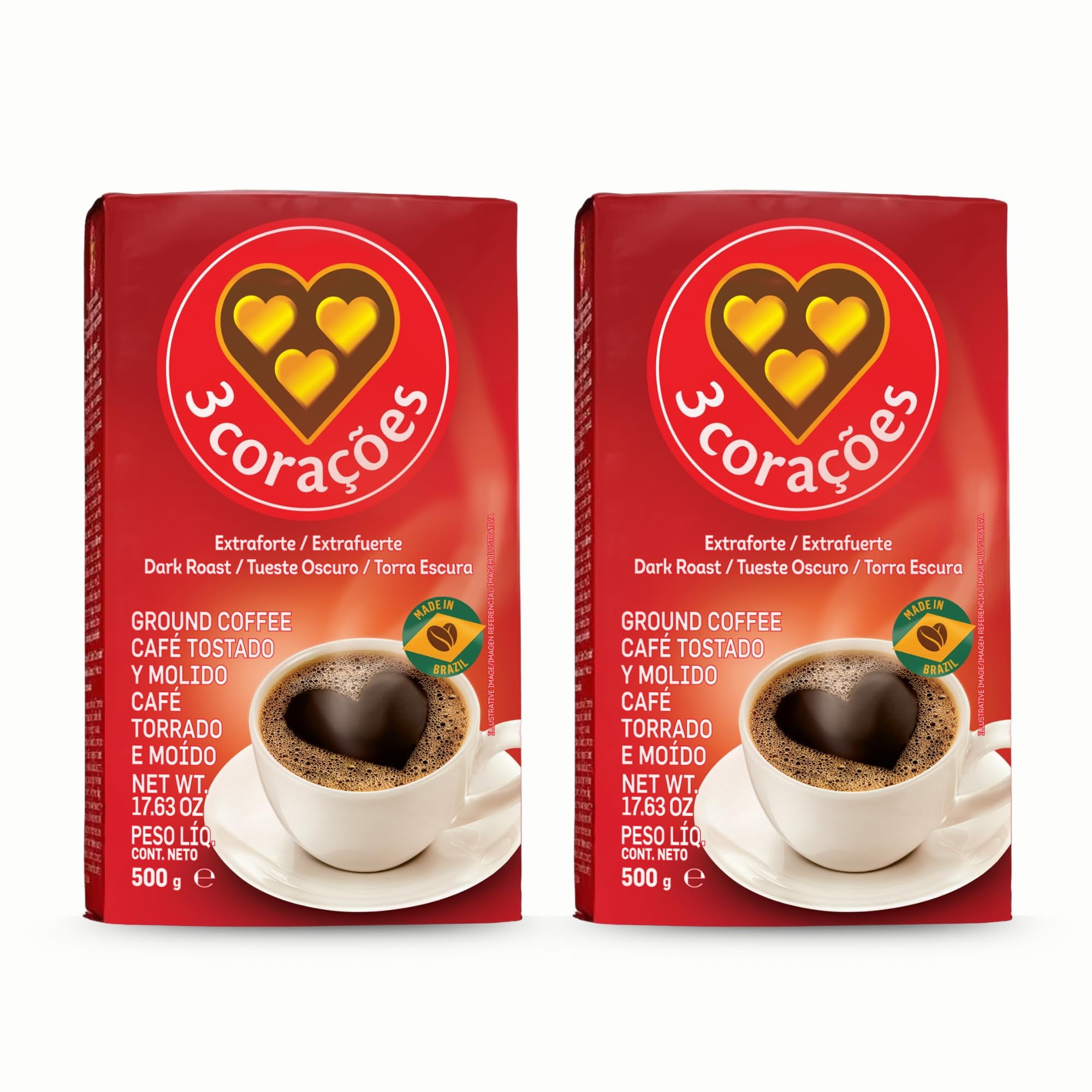 3 CORAÇÕES Extra Forte Brazilian Ground Coffee - 17.63 ounces - Pack of ...