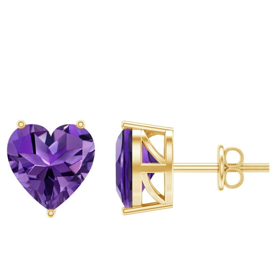 Rosec Jewels 4.2 CT Amethyst Heart Stud Earrings for Women, Solitaire Stud Earrings (7 mm Heart Shape Amethyst, AAA Quality, February Birthstone), 14K Yellow Gold