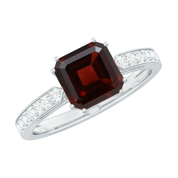 Rosec Jewels Natural Garnet Asscher Cut Engagement Ring - Garnet Diamond Ring (8 mm, AAA Quality) - with Jewelry Box, 18K White Gold, US 12.00