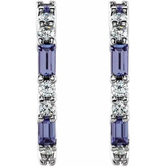 3 CT Bagutte Shaoe Simulated Blue Tanzanite and White Diamond J Hoop Earrings In 14K White Gold Plated 925 Sterling Silver Gift for Womens